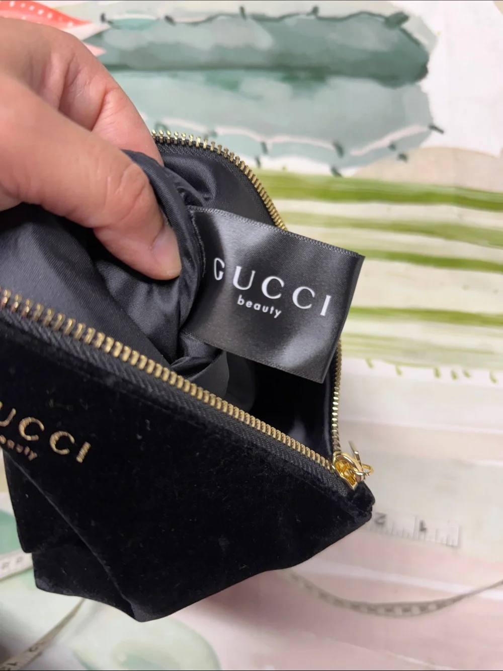 Gucci beauty Black Velvet Zip Pouch with Gold Logo Accent